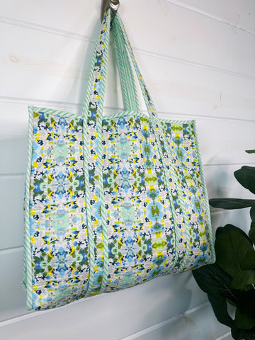 Aqua Tie Dye Print Quilted Cotton Tote Bag