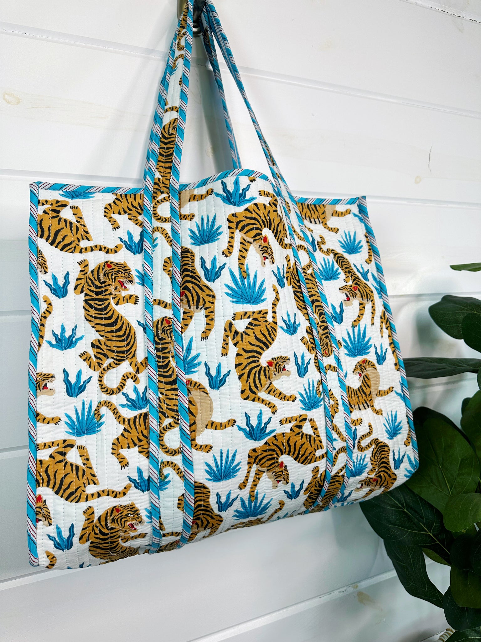 White with Blue Tiger Print Quilted Cotton Tote Bag