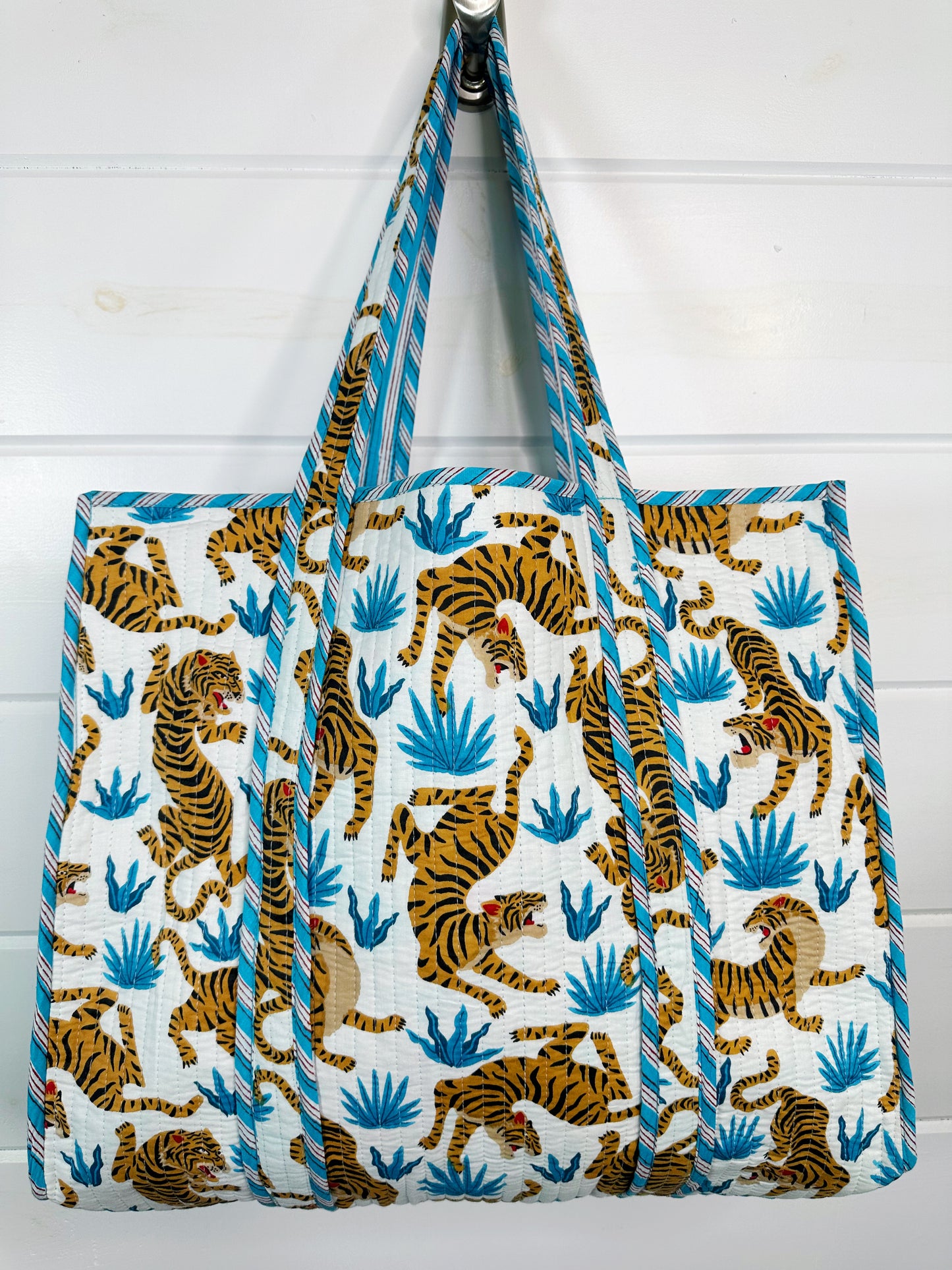 White with Blue Tiger Print Quilted Cotton Tote Bag