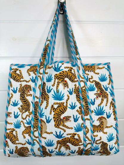 White with Blue Tiger Print Quilted Cotton Tote Bag