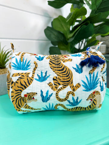 White and Blue Tiger Print Quilted Makeup Cosmetics Toiletry Bag