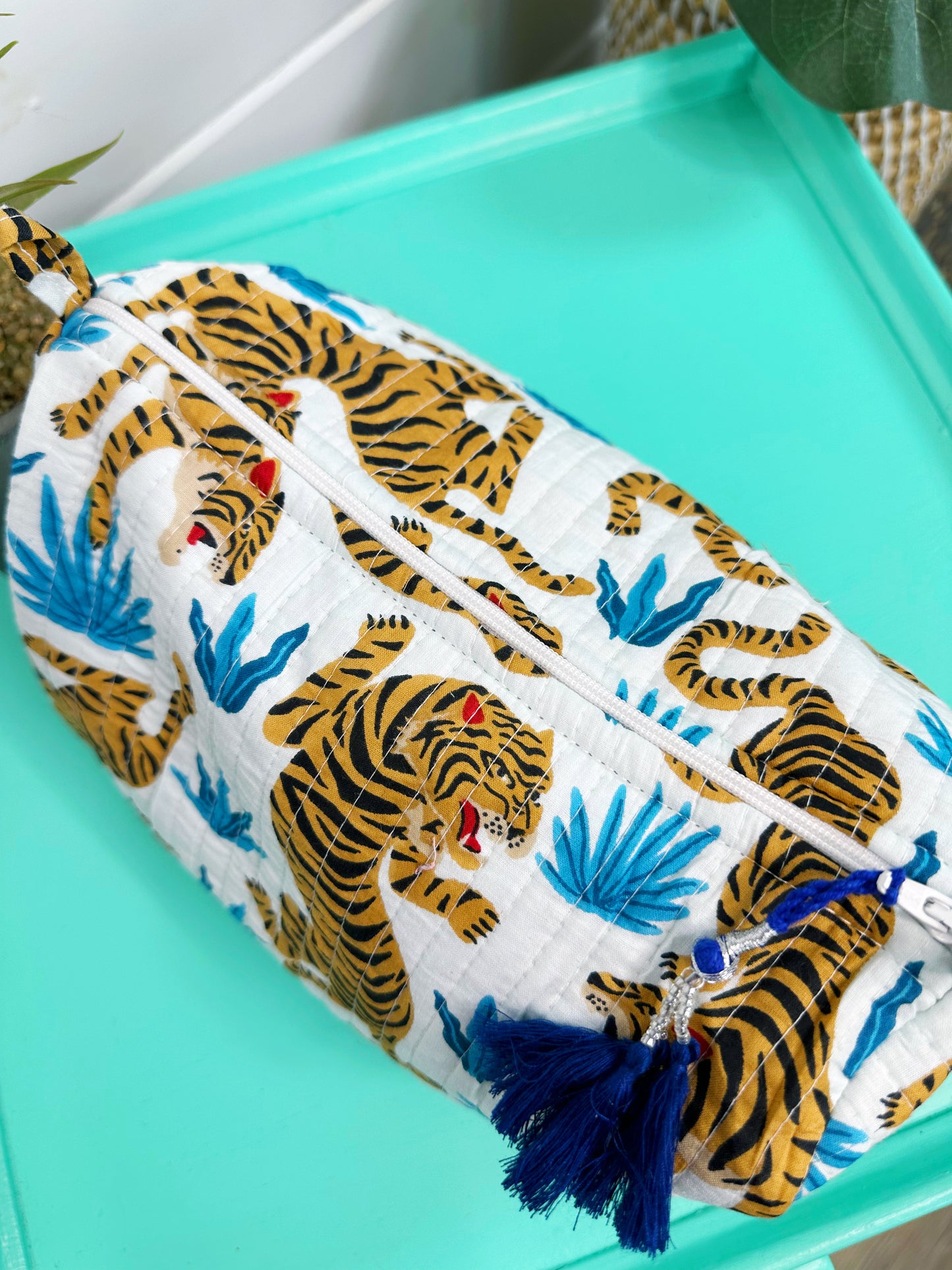 White and Blue Tiger Print Quilted Makeup Cosmetics Toiletry Bag