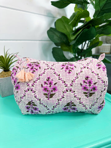 Purple Floral Print Quilted Makeup Cosmetics Toiletry Bag
