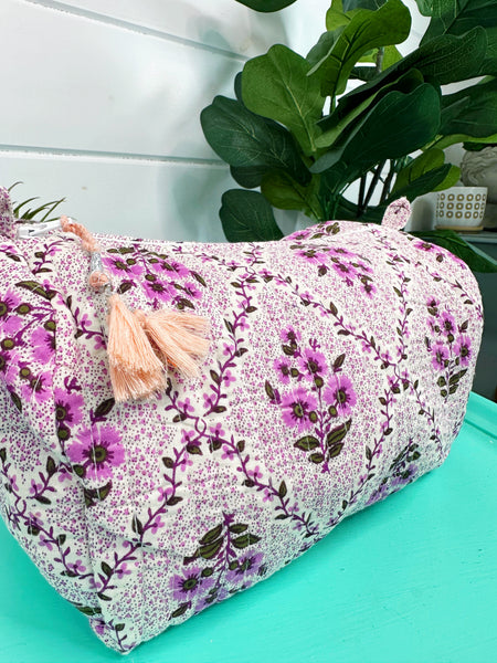 Purple Floral Print Quilted Makeup Cosmetics Toiletry Bag