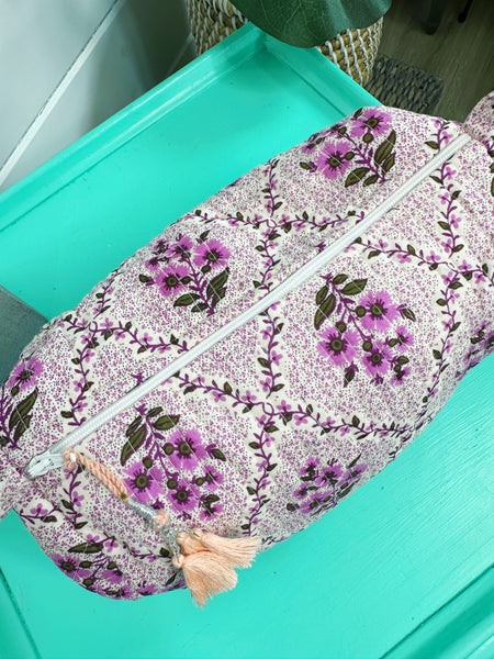 Purple Floral Print Quilted Makeup Cosmetics Toiletry Bag