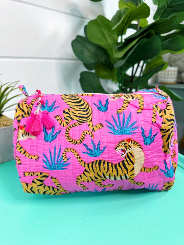 Pink and Blue Tiger Print Quilted Makeup Cosmetics Toiletry Bag