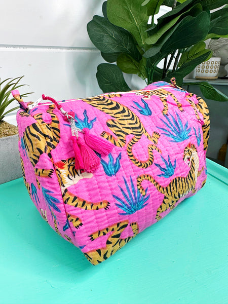 Pink and Blue Tiger Print Quilted Makeup Cosmetics Toiletry Bag