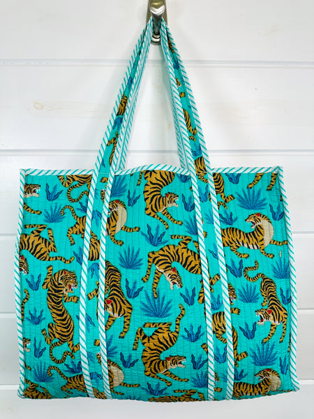 Aqua and Blue Tiger Print Quilted Cotton Tote Bag