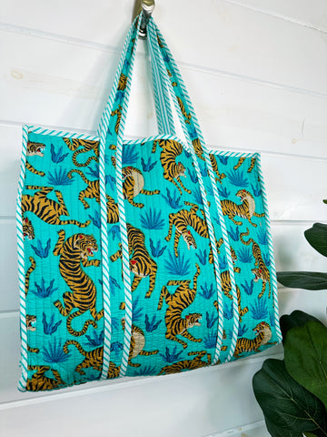 Aqua and Blue Tiger Print Quilted Cotton Tote Bag
