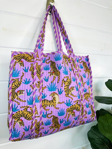 Purple and Blue Tiger Print Quilted Cotton Tote Bag