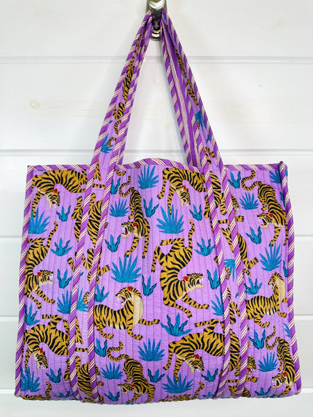 Purple and Blue Tiger Print Quilted Cotton Tote Bag