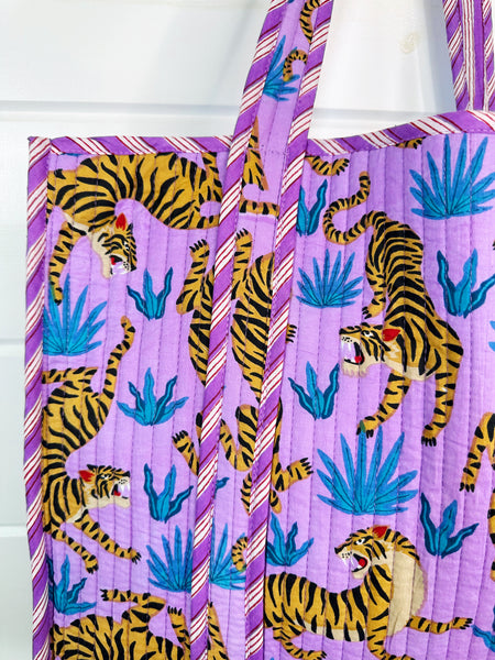 Purple and Blue Tiger Print Quilted Cotton Tote Bag