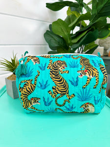 Aqua and Blue Tiger Print Quilted Makeup Cosmetics Toiletry Bag