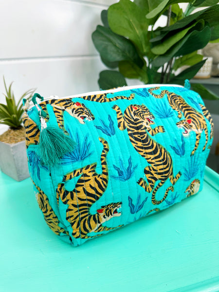 Aqua and Blue Tiger Print Quilted Makeup Cosmetics Toiletry Bag