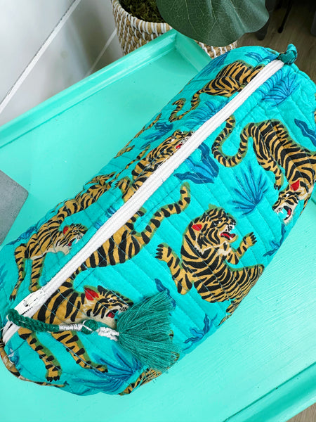 Aqua and Blue Tiger Print Quilted Makeup Cosmetics Toiletry Bag