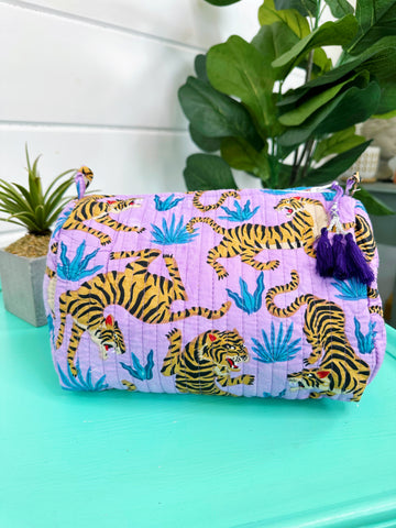 Purple and Blue Tiger Print Quilted Makeup Cosmetics Toiletry Bag