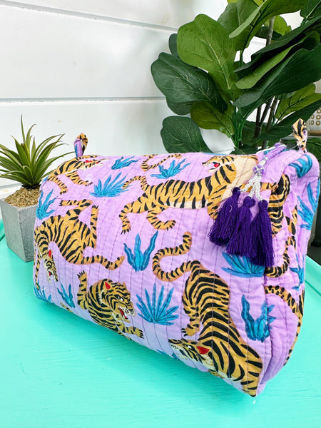 Purple and Blue Tiger Print Quilted Makeup Cosmetics Toiletry Bag