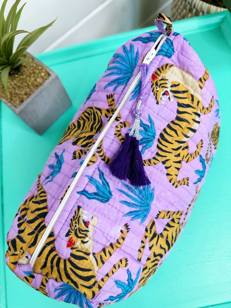 Purple and Blue Tiger Print Quilted Makeup Cosmetics Toiletry Bag