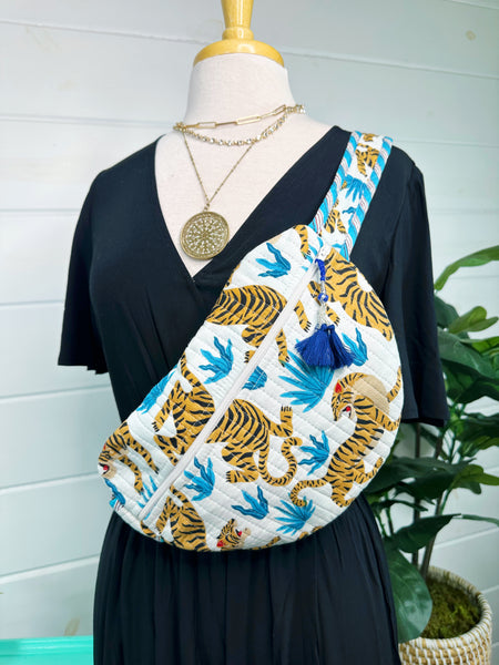 White Tiger Print Quilted Belt Bag Crossbody Sling Fanny Pack