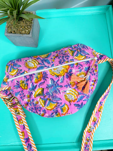 Pink and Yellow Floral Print Quilted Belt Bag Crossbody Sling Fanny Pack