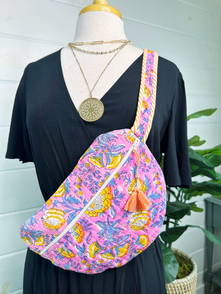 Pink and Yellow Floral Print Quilted Belt Bag Crossbody Sling Fanny Pack