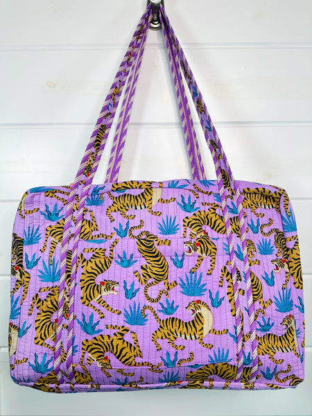 Purple Tiger Print Quilted Weekender Overnight Duffle Bag