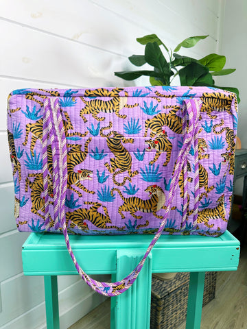 Purple Tiger Print Quilted Weekender Overnight Duffle Bag