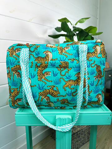 Aqua and Blue Tiger Print Quilted Weekender Overnight Bag