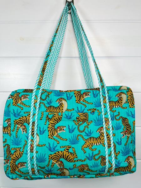 Aqua and Blue Tiger Print Quilted Weekender Overnight Bag