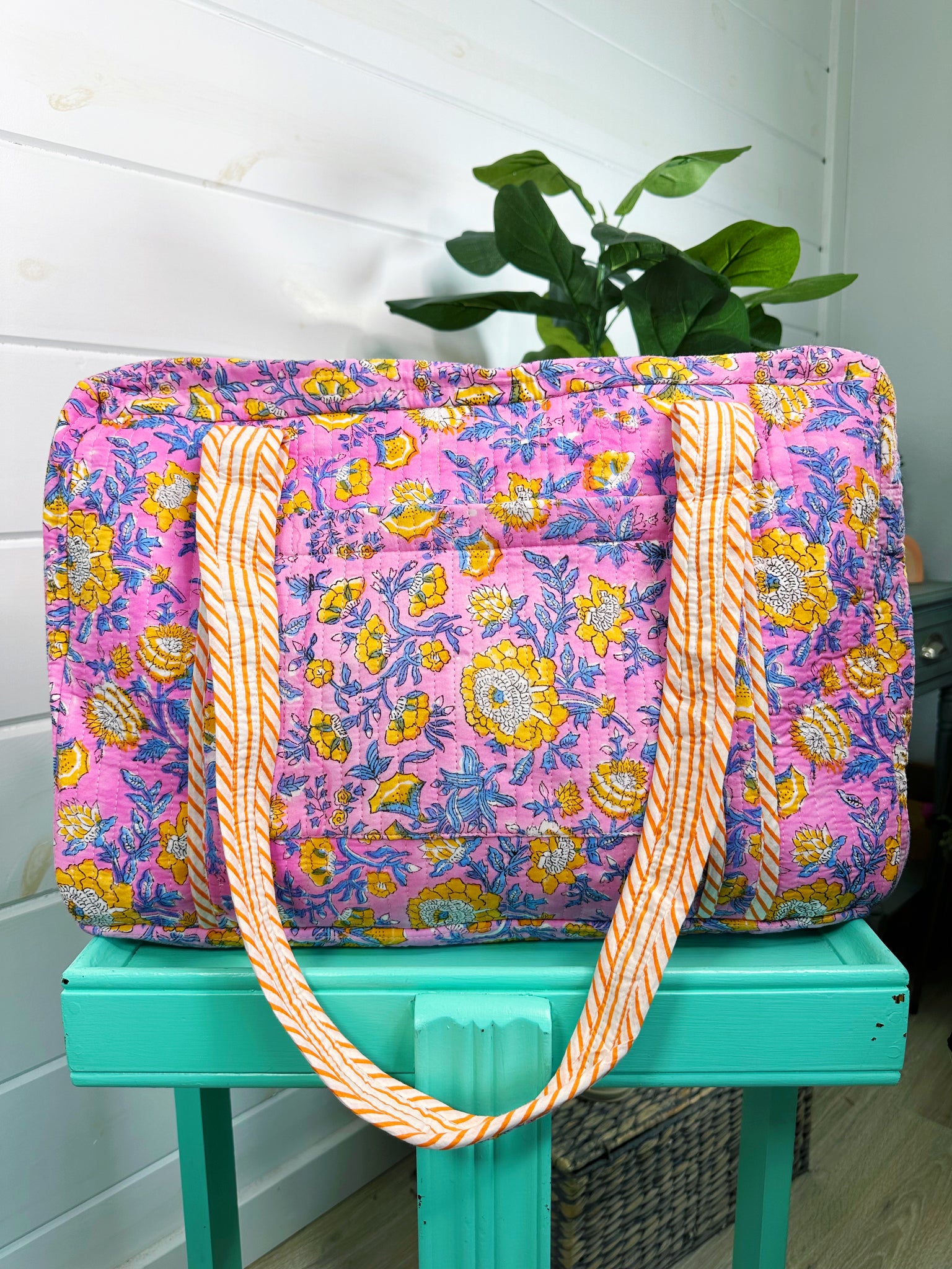 Pink and Yellow Floral Print Quilted Weekender Overnight Bag