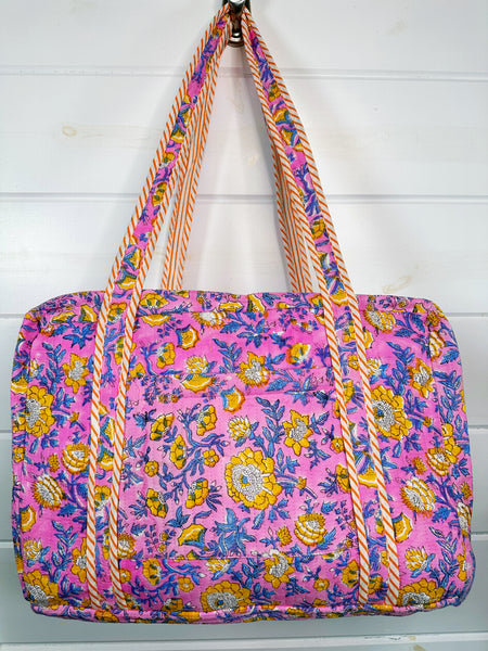 Pink and Yellow Floral Print Quilted Weekender Overnight Bag