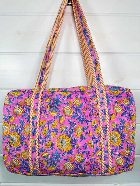 Pink and Yellow Floral Print Quilted Weekender Overnight Bag