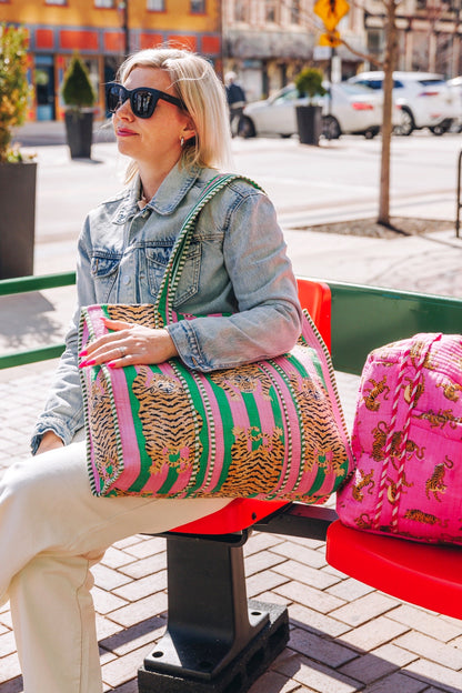 Green Pink Tiger Print Quilted Cotton Tote Bag