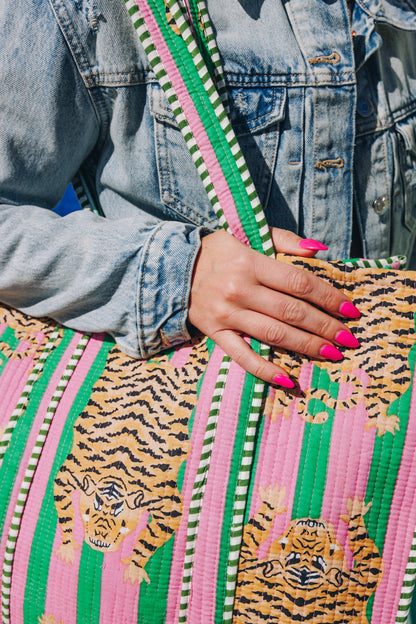 Green Pink Tiger Print Quilted Cotton Tote Bag