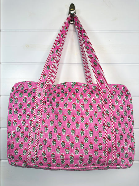 Pink Floral Print Quilted Weekender Overnight Bag