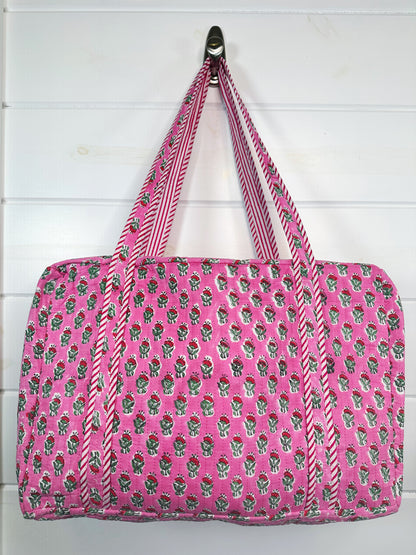 Pink Floral Print Quilted Weekender Overnight Bag