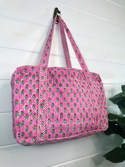 Pink Floral Print Quilted Weekender Overnight Bag