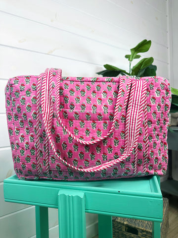 Pink Floral Watercolor Print Quilted Weekender Overnight Bag