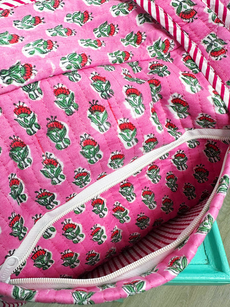 Pink Floral Print Quilted Weekender Overnight Bag