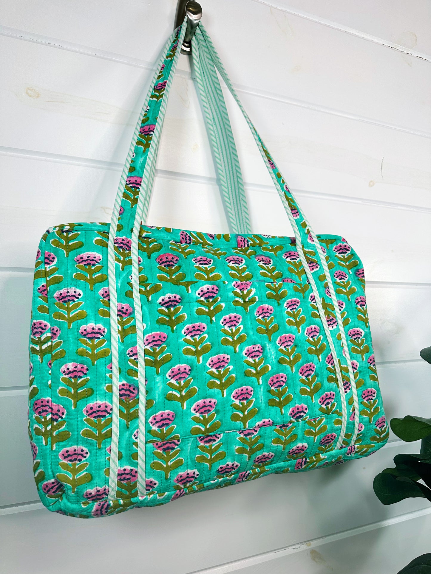 Aqua Floral Watercolor Print Quilted Weekender Overnight Bag