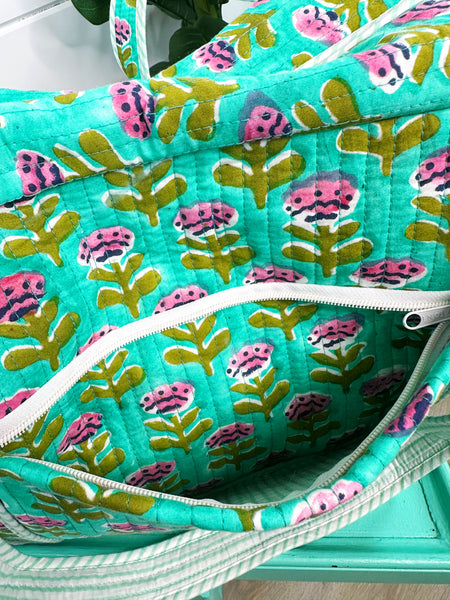 Aqua Floral Watercolor Print Quilted Weekender Overnight Bag