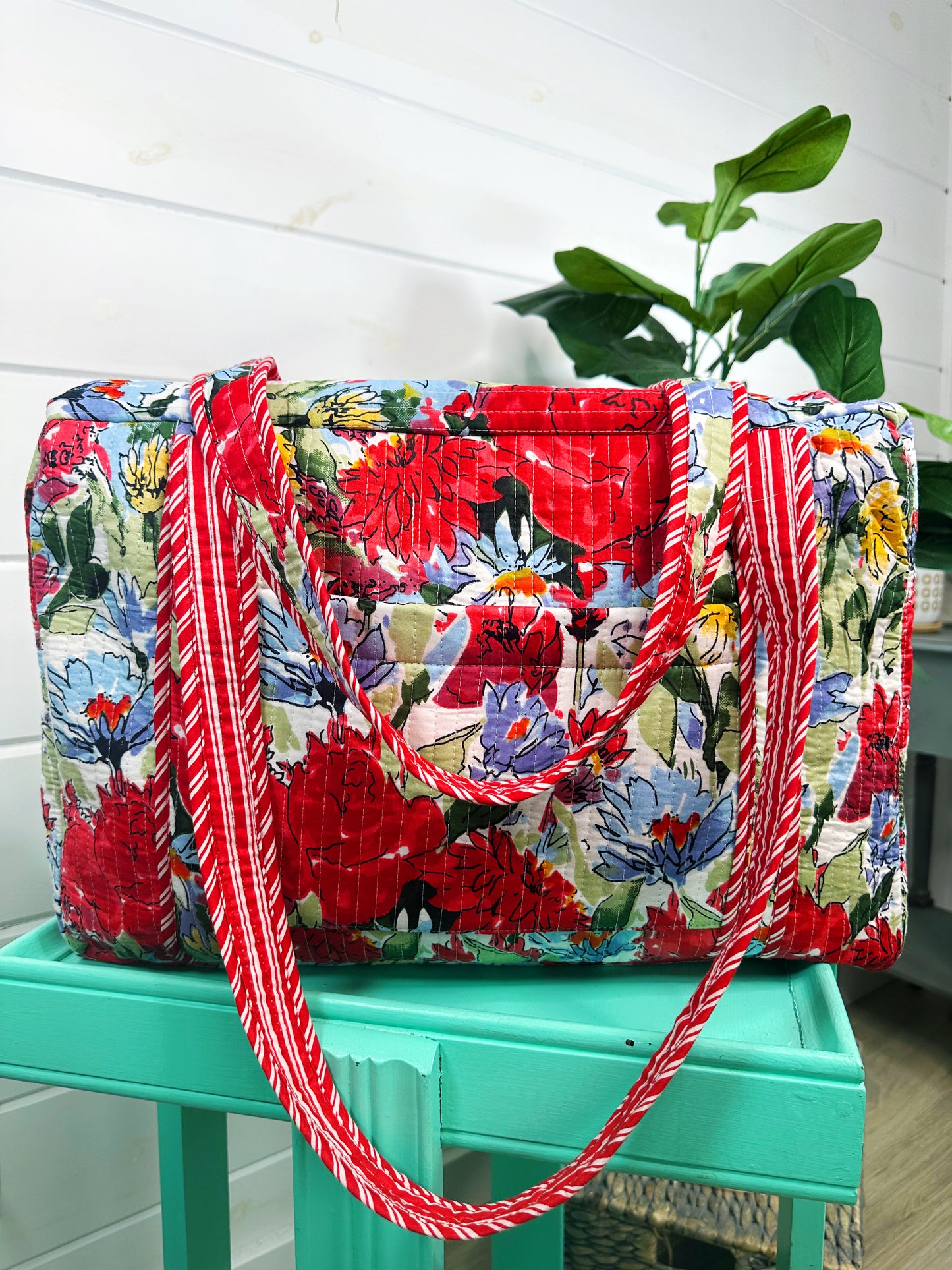 Red Floral Print Quilted Weekender Overnight Bag