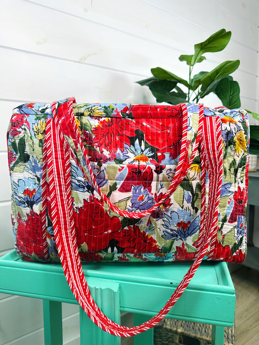 Red Floral Print Quilted Weekender Overnight Bag