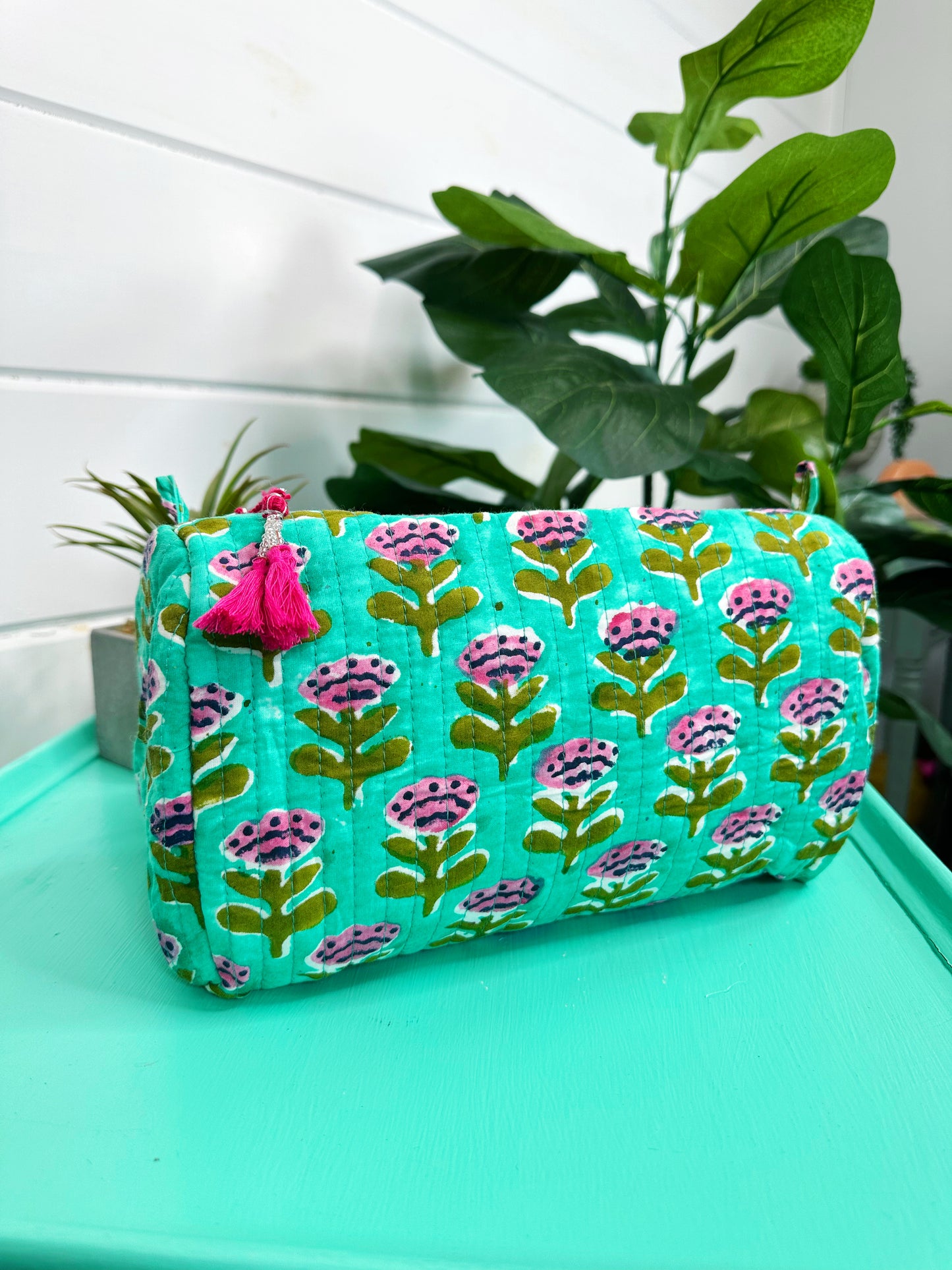 Aqua Watercolor Floral Print Quilted Makeup Cosmetics Toiletry Bag