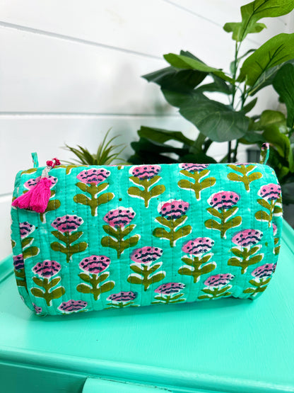 Aqua Watercolor Floral Print Quilted Makeup Cosmetics Toiletry Bag