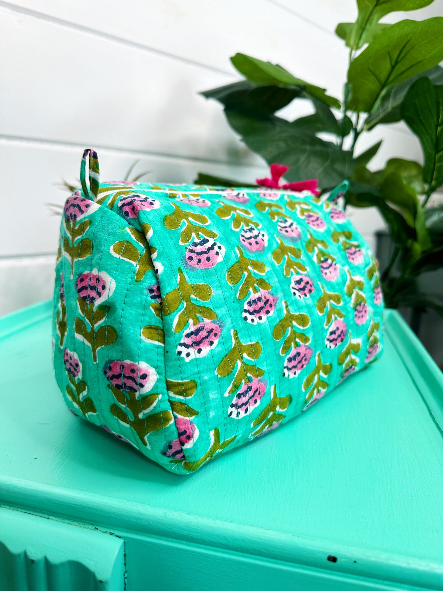 Aqua Watercolor Floral Print Quilted Makeup Cosmetics Toiletry Bag