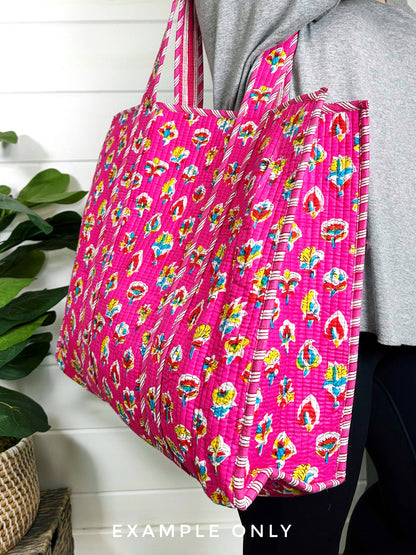 Bright Pink Tiger Print Quilted Cotton Reversible Large Tote Bag