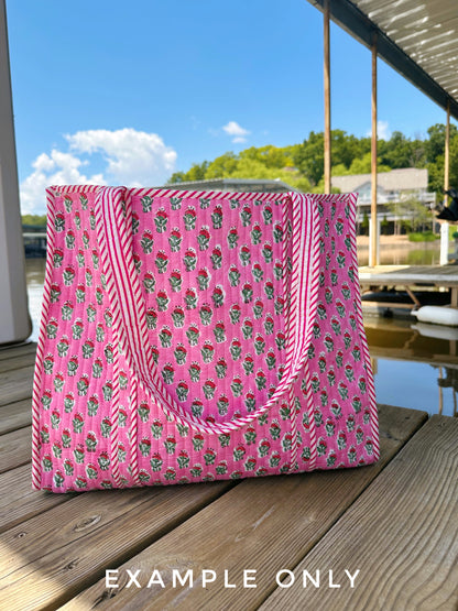 Pink and Blue Tiger Print Quilted Cotton Reversible Large Tote Bag