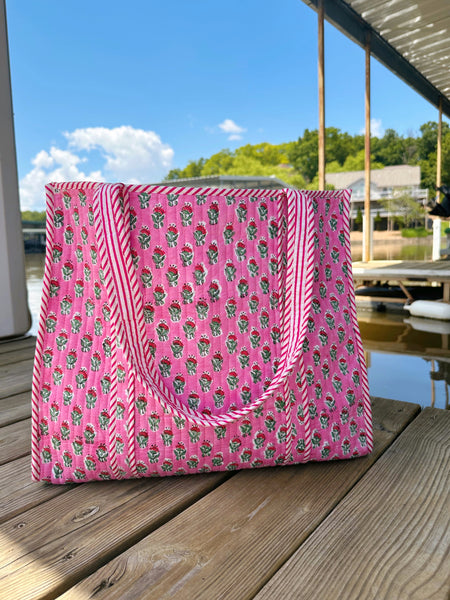 Pink Watercolor Floral Print Quilted Cotton Tote Bag