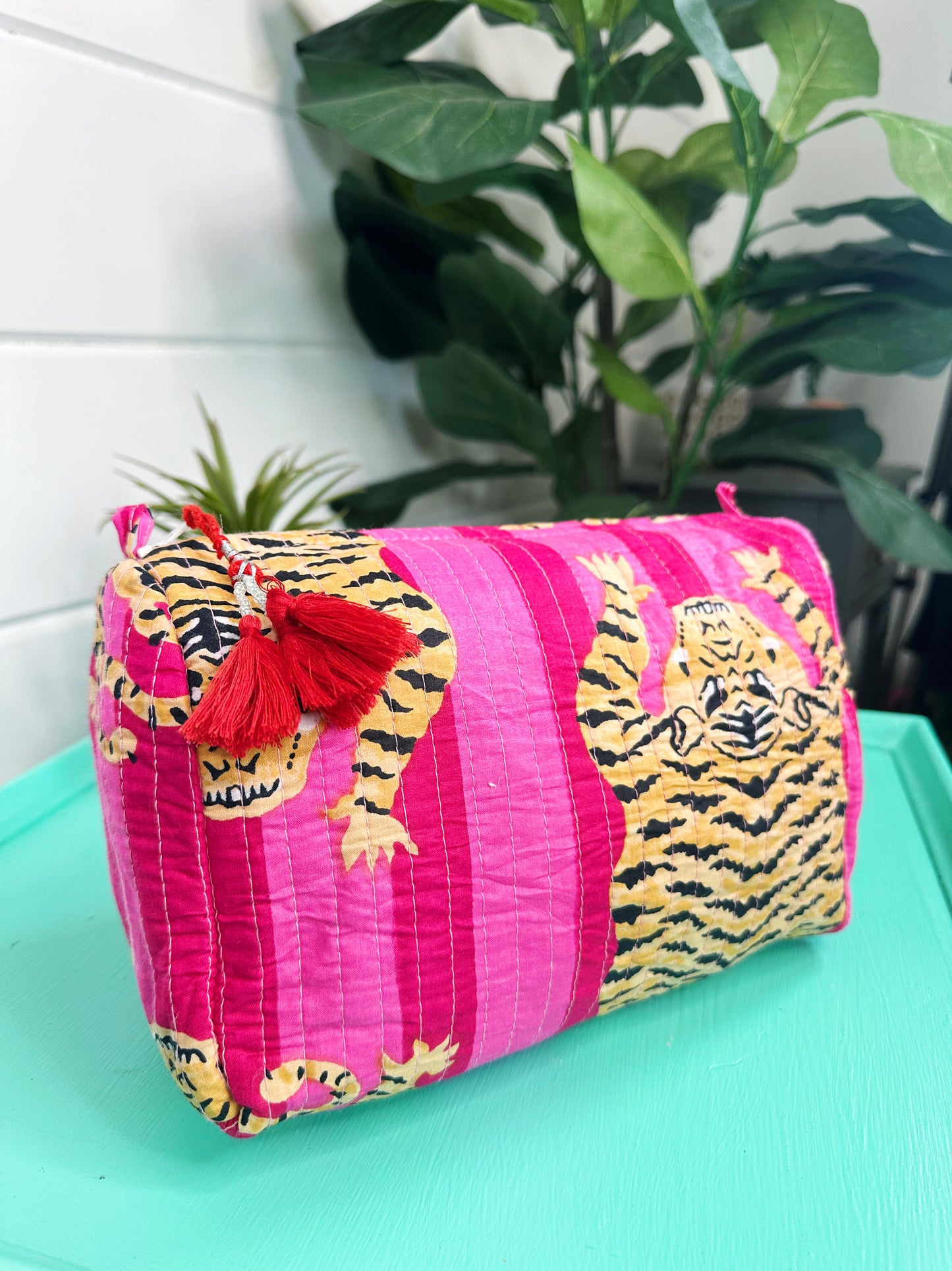 Pink Stripe Tiger Print Quilted Makeup Cosmetics Toiletry Bag